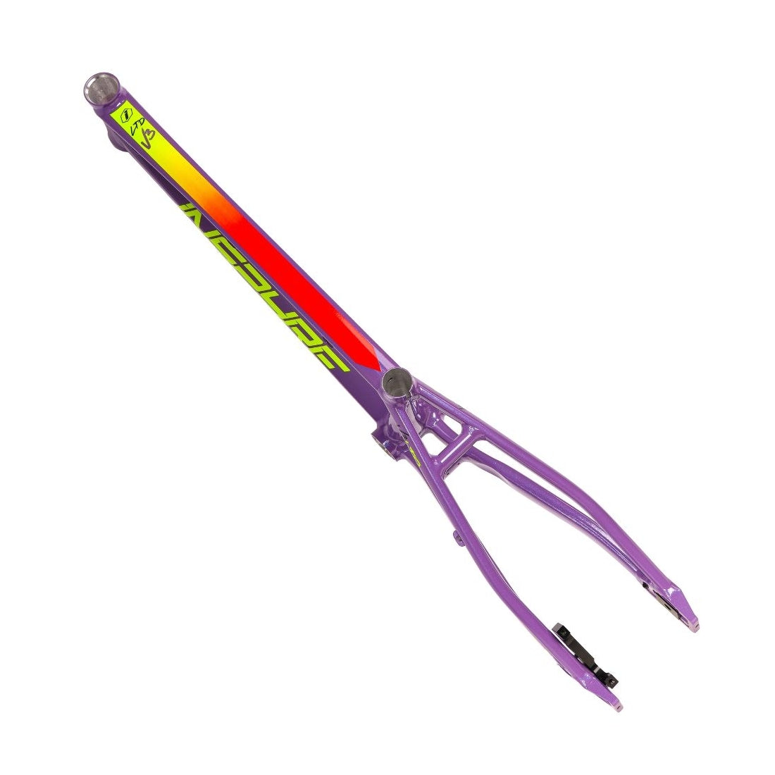 Purple and multicolored Inspyre Concorde V3 Expert XL Frame pogo stick isolated on a white background.