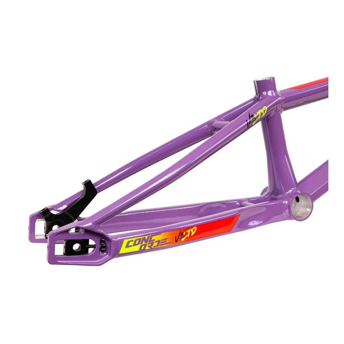 Purple Inspyre Concorde V3 Expert BMX Race bicycle frame with orange and yellow decals.