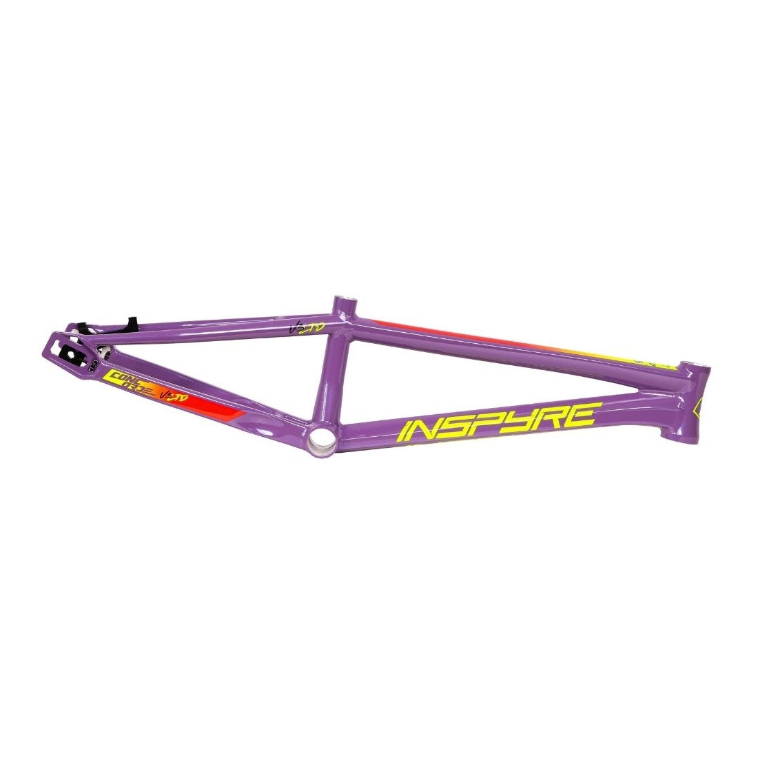 A purple and yellow Inspyre Concorde V3 Expert Frame BMX Race frame isolated on a white background.