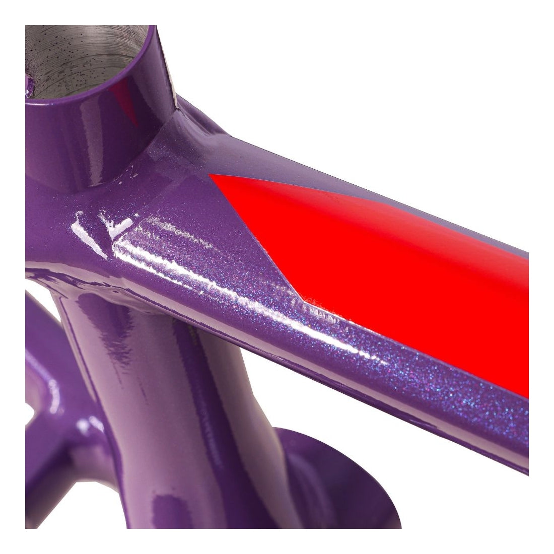 Close-up of a glossy purple Inspyre Concorde V3 Pro XXXXL aluminium BMX Race frame with a red decal.