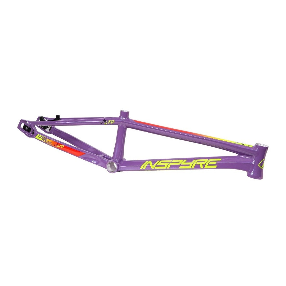 Inspyre Concorde V3 Expert Frame purple BMX race bike frame with decals on a white background.