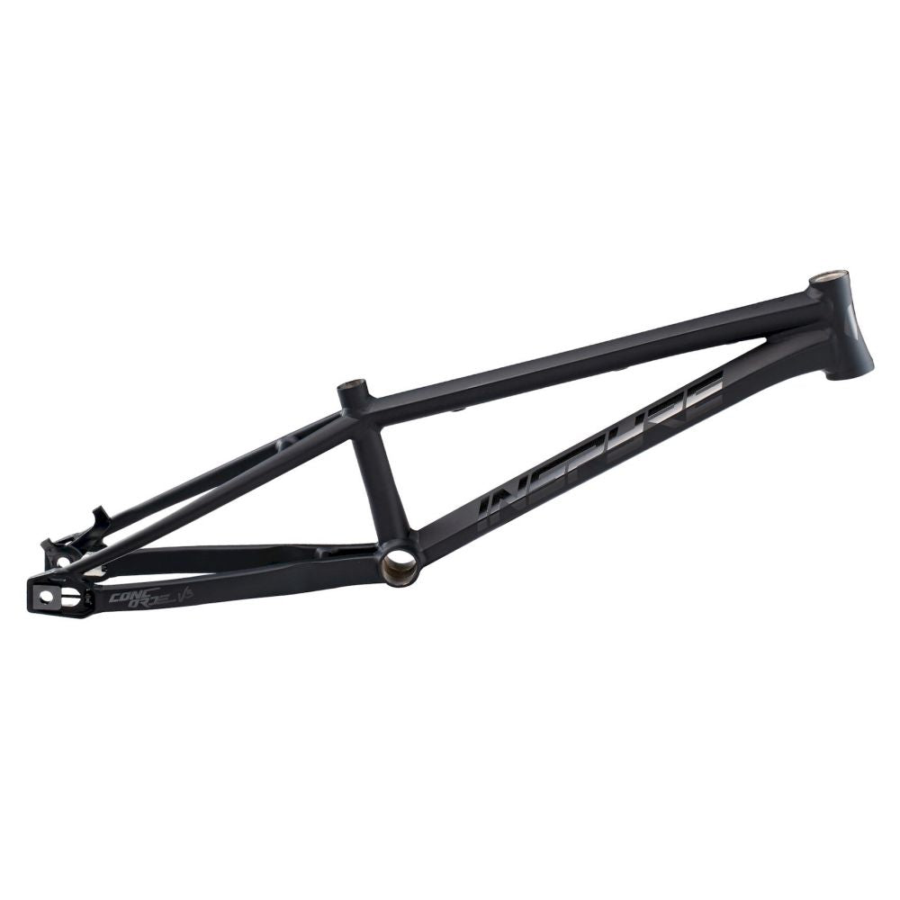 Matte black Inspyre 2026 Concorde V3 Cruiser Pro XXL frame with angular geometry and hydroformed tubes, designed for BMX racing, shown from the side against a white background.