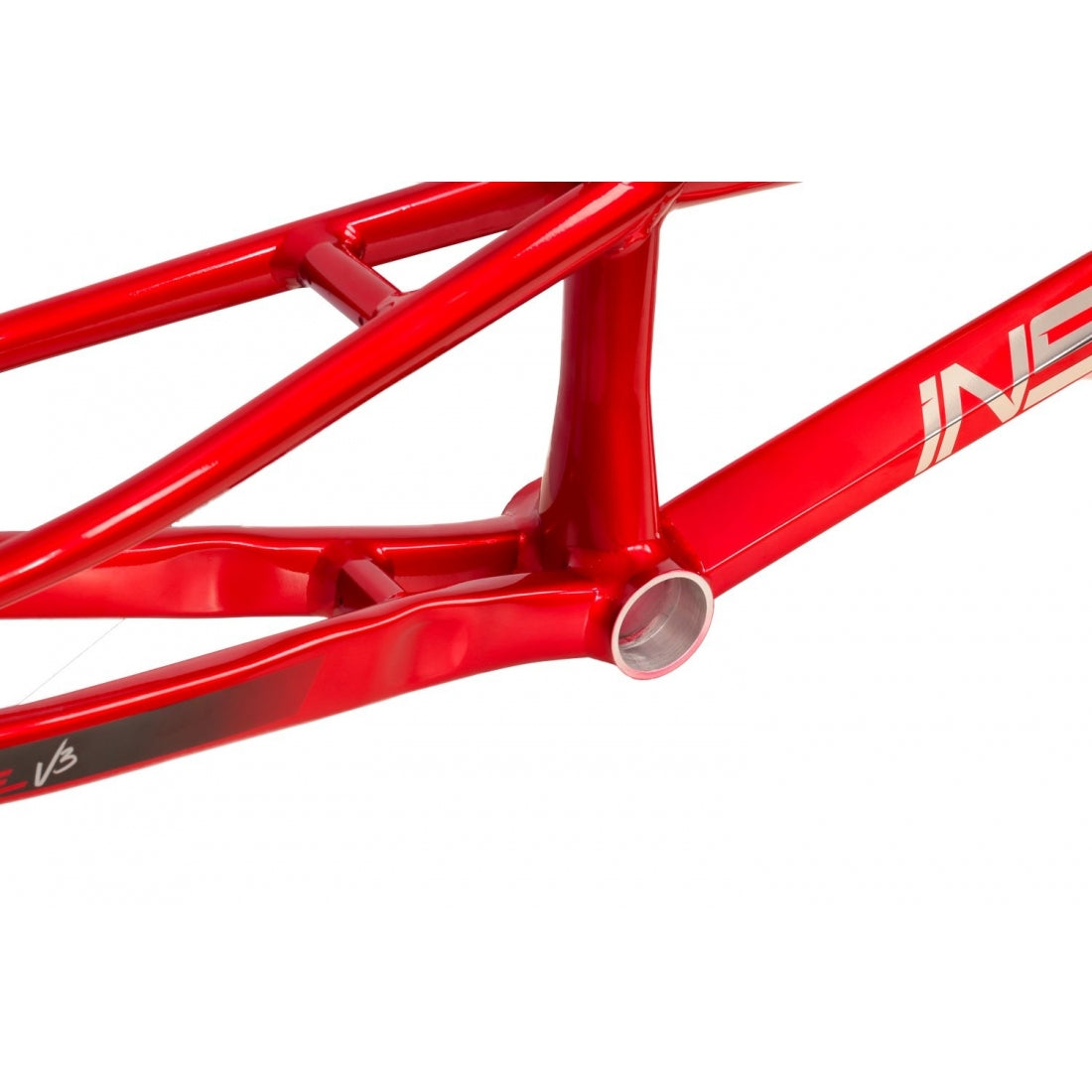 Close-up of an Inspyre Concorde V3 Expert Frame red BMX Race bicycle frame showing the seat stay, chain stay, and bottom bracket area.