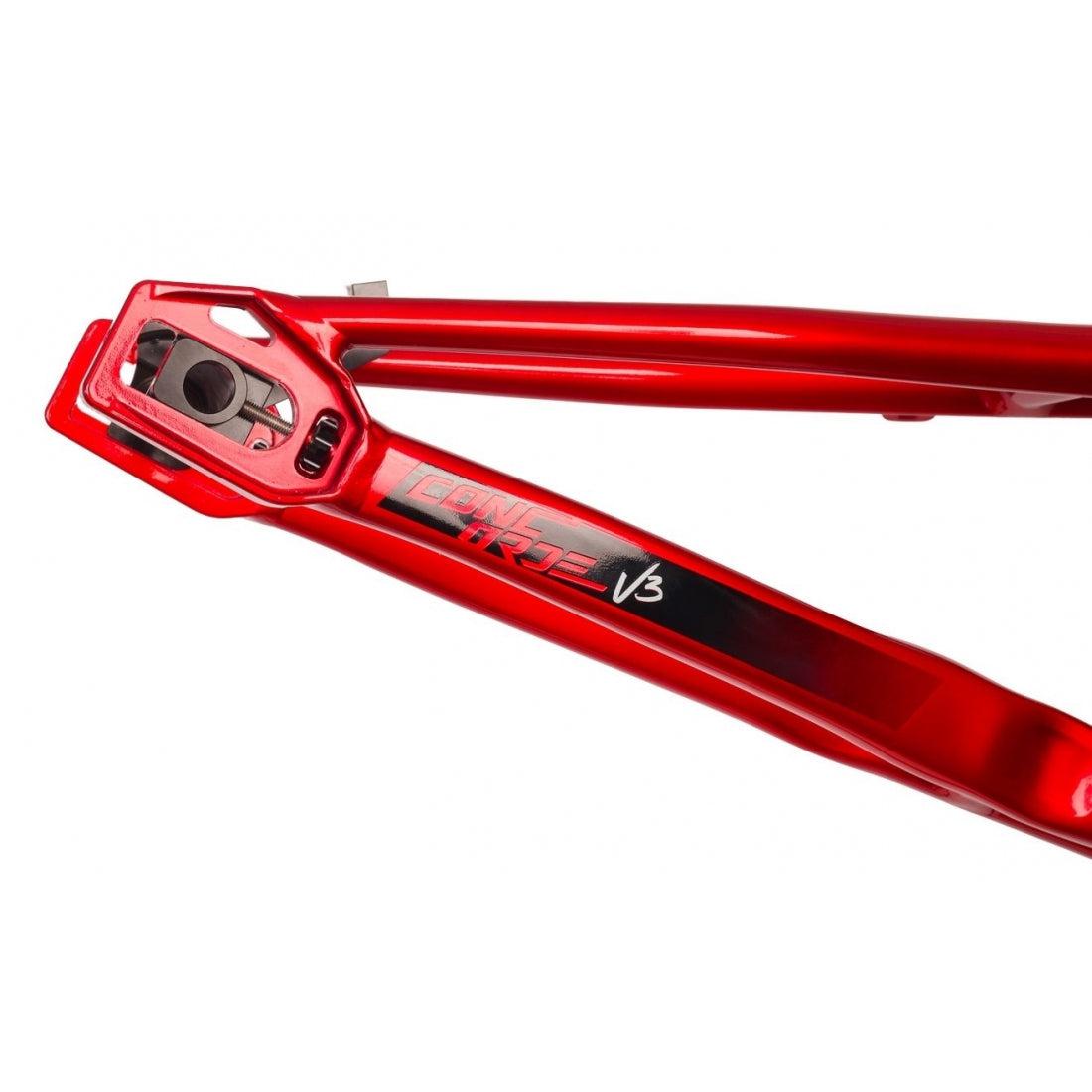 Red Inspyre Concorde V3 Junior Frame BMX race bike crank arm against a white background.