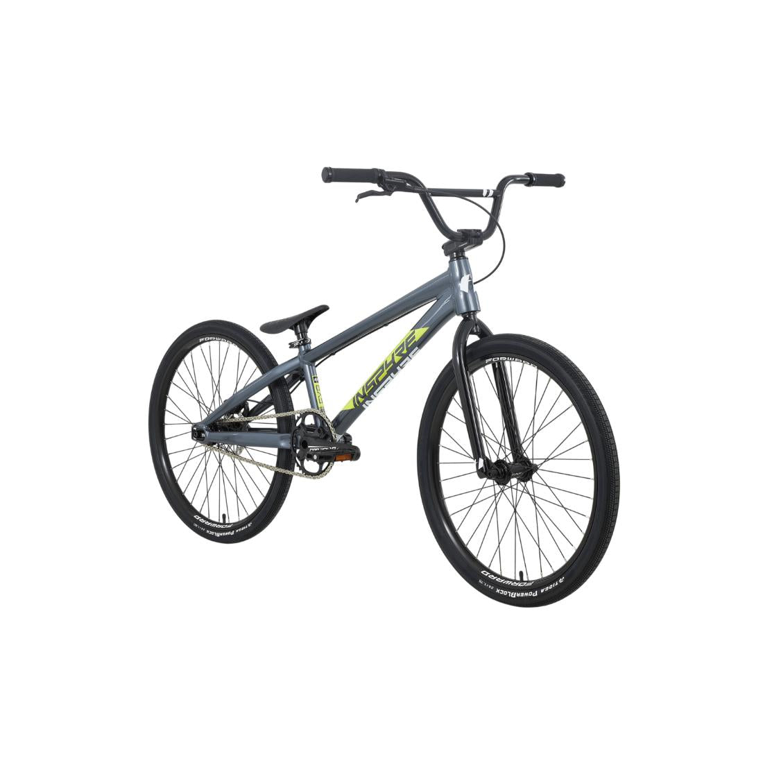 The Inspyre EVO Pro Cruiser Race Bike (2027), featuring a gray frame with black wheels, straight handlebars, and yellow accents, is shown against a plain white background.