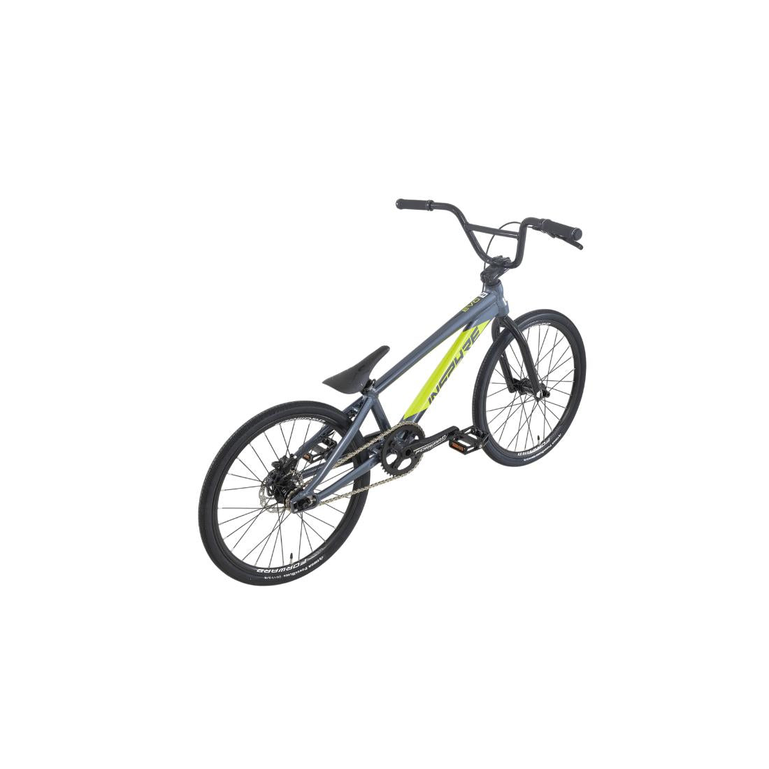 A blue and yellow Inspyre EVO Expert XL Race Bike (2027), built from robust aluminium 6061-T6, featuring black tires and handlebars, is displayed angled from the rear right side against a plain white background.