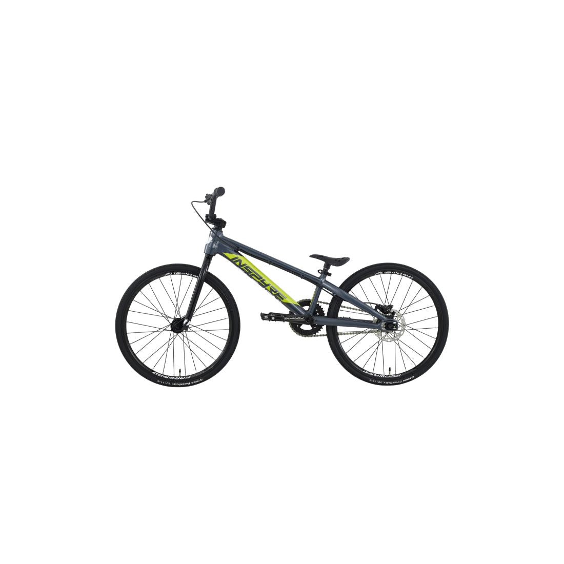 Side view of the Inspyre EVO Junior Race Bike (2027) in black and yellow, showcasing its lightweight aluminium 6061-T6 frame, straight handlebars, and 20-inch wheels, all set against a plain white background—perfect for BMX racing enthusiasts.