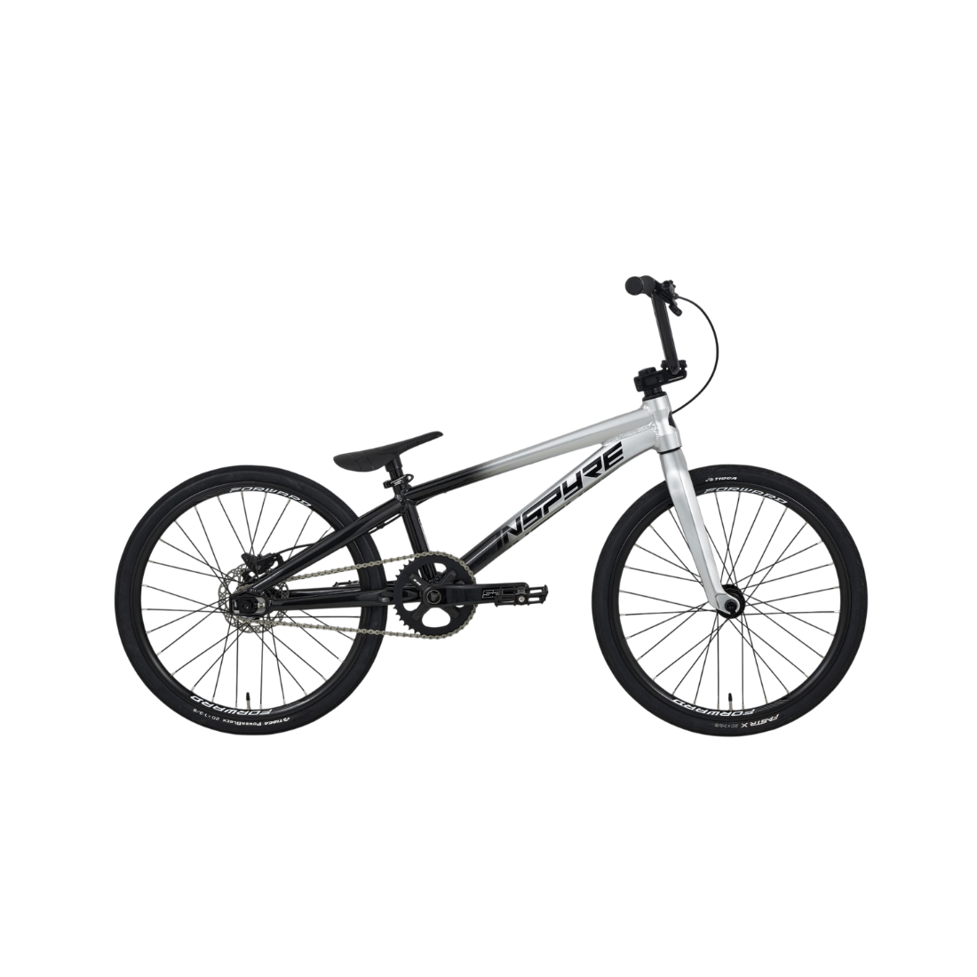 The Inspyre EVO-C Expert Race Bike (2027), a BMX-style bicycle featuring a lightweight frame, SD B-85 cranks, black tires, a carbon Pride fork, and straight handlebars in black and white colors, photographed on a plain white background.