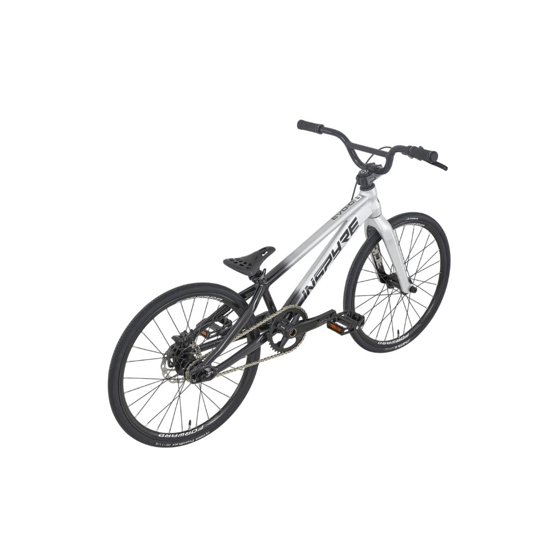 The Inspyre EVO-C Junior Race Bike (2027) is a silver and black BMX-style bicycle featuring a low, angled frame, flat handlebars, and large wheels; it is equipped with SD B-85 cranks and displayed against a white background.