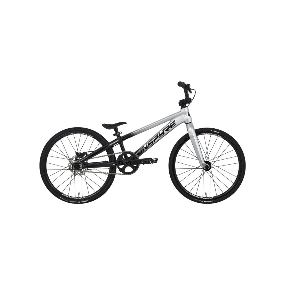 The Inspyre EVO-C Junior Race Bike (2027) is showcased on a plain white background, featuring a silver and black color scheme, large wheels, flat handlebars, and a minimalist frame. Equipped with SD B-85 cranks for optimal power transfer, this bike exemplifies precision engineering and sleek design.