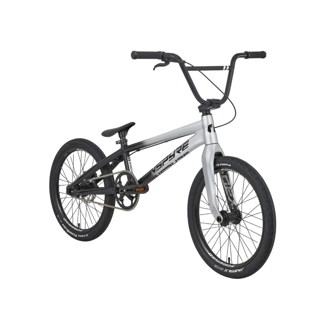 The Inspyre EVO-C Pro XXL Race Bike (2027) is a silver BMX bike with black handlebars, seat, and tires, shown from a front-side angle on a plain white background. Featuring an advanced carbon Pride fork and SD B-85 cranks, this model delivers both strength and style for any rider.