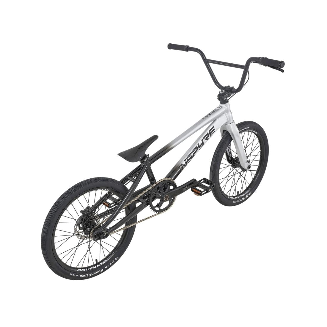 The Inspyre EVO-C Pro XXL Race Bike (2027) is showcased from an angled side view, featuring a black and silver color scheme, straight handlebars, thick tires, a lightweight frame with SD B-85 cranks, and a carbon Pride fork.
