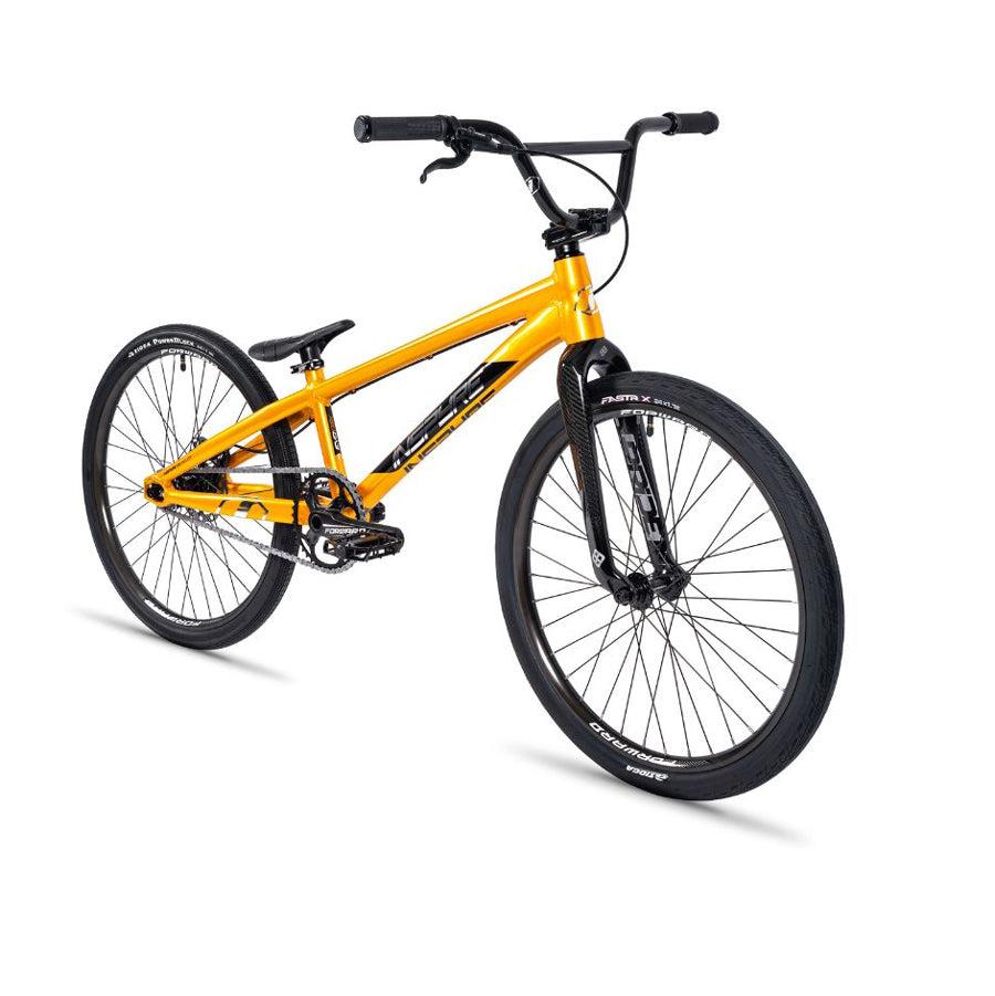 A yellow Inspyre EVO-C Pro Cruiser Disc Brake bike on a white background showcasing its Inspyre bikes design.