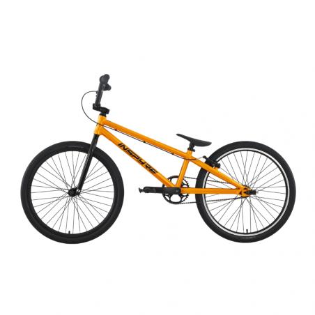 Inspyre Neo Pro Cruiser Race Bike (2027) in orange with black handlebars, seat, and tires, displayed in profile on a white background—an ideal entry-level race bike for new riders.
