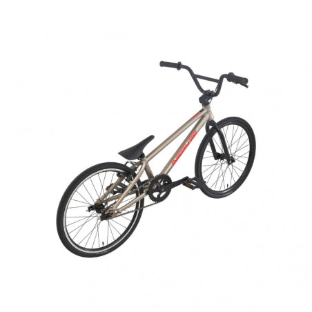 A beige Inspyre Neo Expert Race Bike (2027) with black handlebar, seat, and tires is displayed at an angle against a plain white background. This entry-level race bike combines sleek design with performance features ideal for aspiring riders.