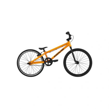 Inspyre Neo Junior Race Bike (2027) in orange, featuring a lightweight frame, black handlebars, and black wheels, shown on a white background—an ideal entry-level choice for beginners getting started in BMX racing.