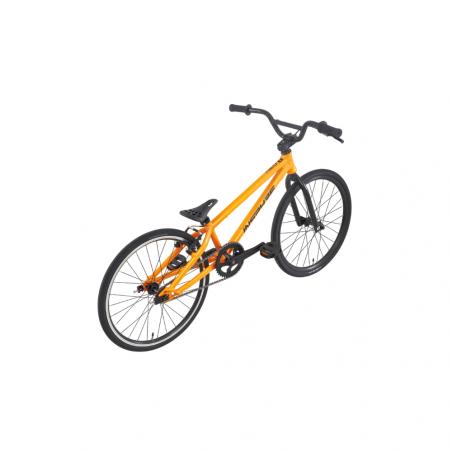 The Inspyre Neo Junior Race Bike (2027) is an orange, BMX-style entry-level race bike featuring black handlebars, seat, and wheels, shown from a high angle against a white background.