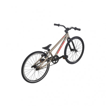 The Inspyre Neo Micro Race Bike (2027), an entry-level race bike with a silver and black finish, flat handlebars, a single gear, and a streamlined frame, is shown from a high rear angle against a white background.