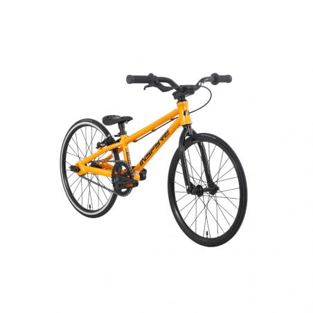 The Inspyre Neo Micro Race Bike (2027), an entry-level race bike designed for young riders, is shown at an angle on a white background. Featuring a bright orange lightweight frame, straight handlebars, black seat, and thin tires, this model offers 18-inch wheel micro sizing ideal for children getting started in racing.