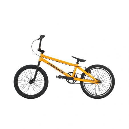 Inspyre Neo Pro L Race Bike (2027) in yellow, designed as an entry-level BMX race bike with black handlebars, seat, and tires. Featuring sealed hubs for smoother rides, the bike is displayed in a profile view on a plain white background—ideal for new riders starting their BMX journey.