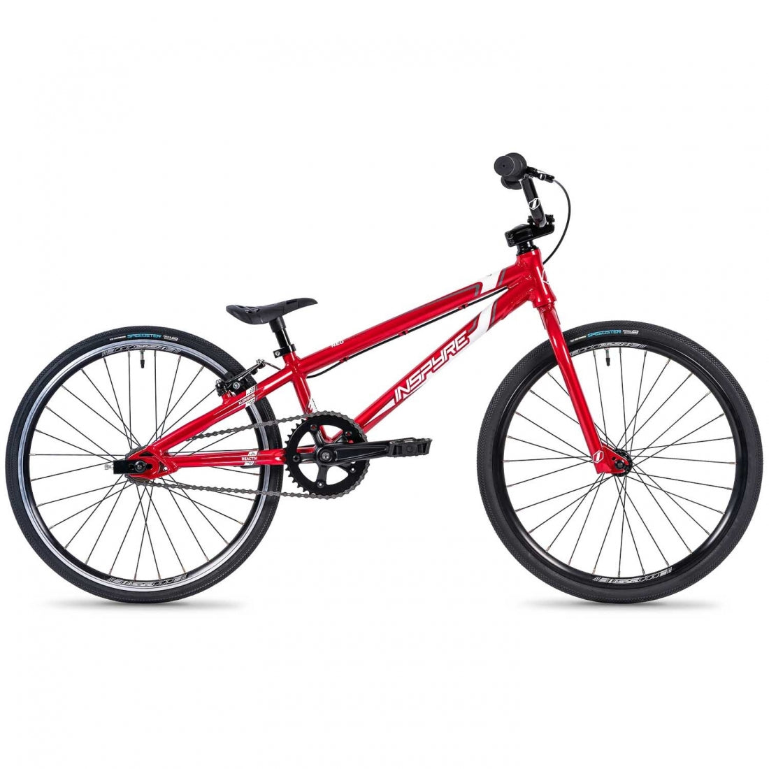 Entry-level red Inspyre Neo Junior BMX race bike on a white background.