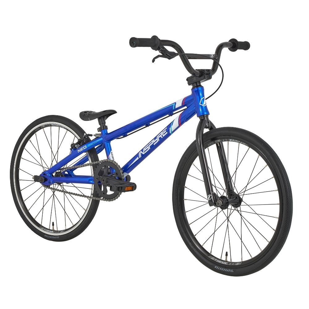 The Inspyre Neo Junior Bike 2025 is a blue BMX bike with black handlebars, seat, and tires, shown angled on a white background—ideal for young BMX racing fans.