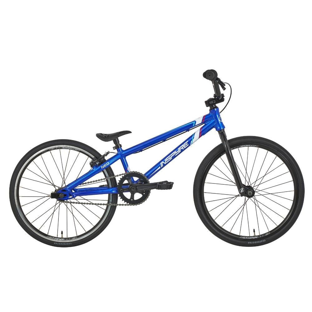 The Inspyre Neo Junior Bike 2025 has a blue, lightweight frame with a black seat, handlebar, and wheels—ideal for kids BMX racing. Shown from the side on a white background.