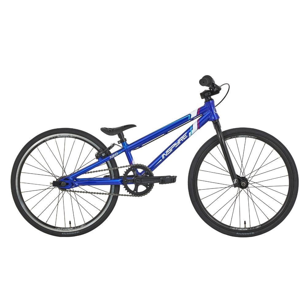 The Inspyre Neo Mini Bike 2025 is a blue BMX race bike for kids with black tires, a straight handlebar, and a lightweight frame, shown against a white background.