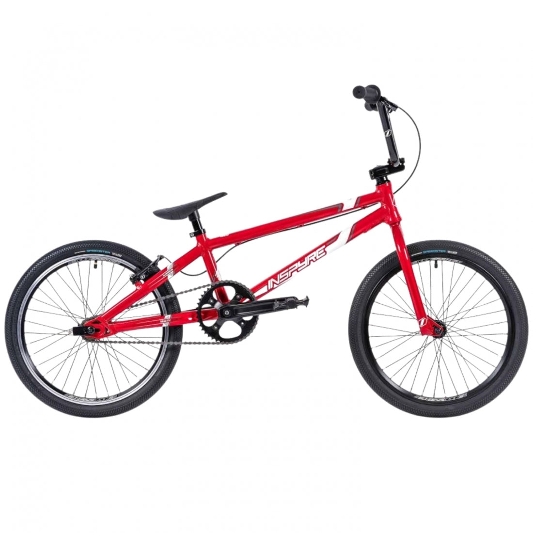 Red Inspyre Neo Pro entry level BMX race bike against a white background.