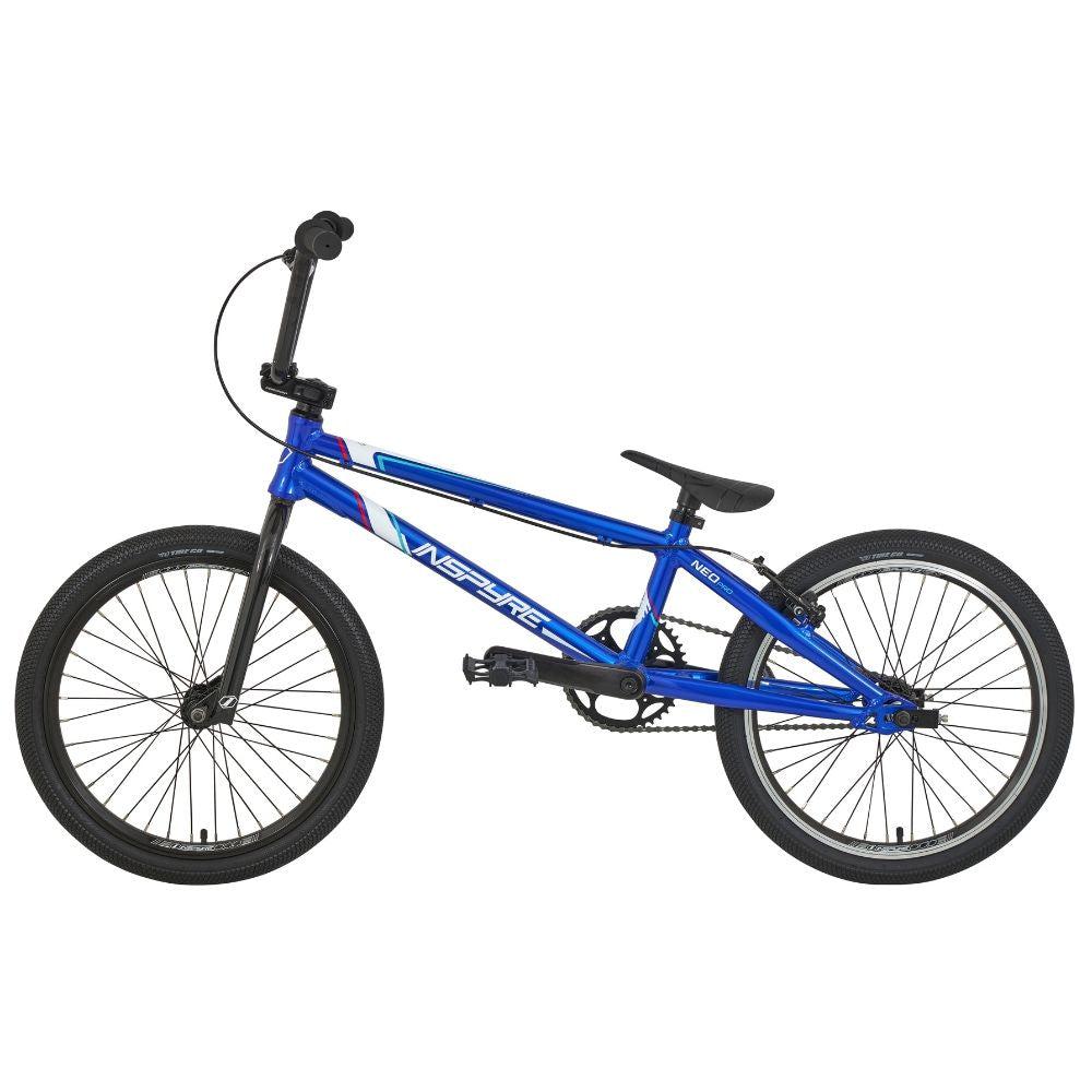 A blue Inspyre Neo Pro XL BMX race bike, featuring black wheels and handlebars, proudly displays "NSEPIRE" on its sleek aluminium frame and is showcased against a white background.