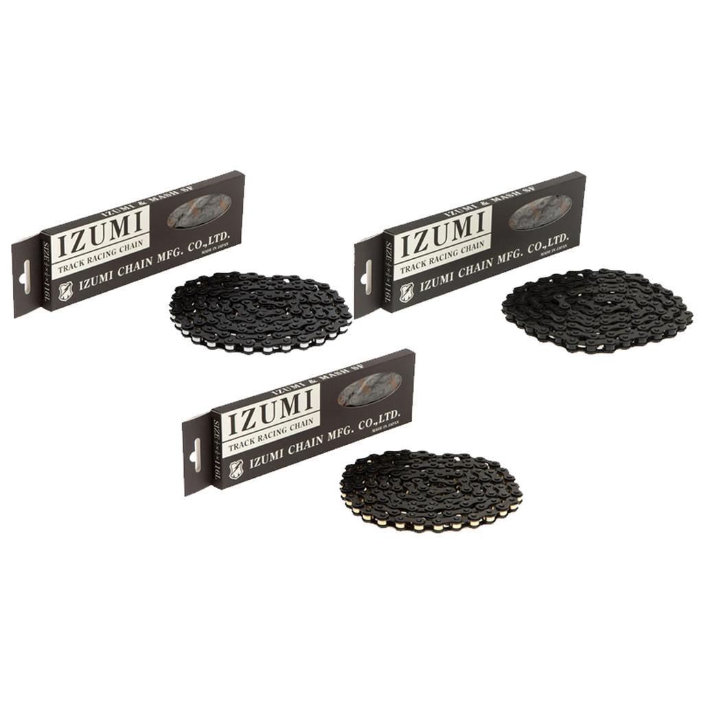 Four black Izumi Mash Chains are displayed in front of an Izumi Track Racing Chain box, trusted by track and keirin racers and perfect for fixed gear bikes.