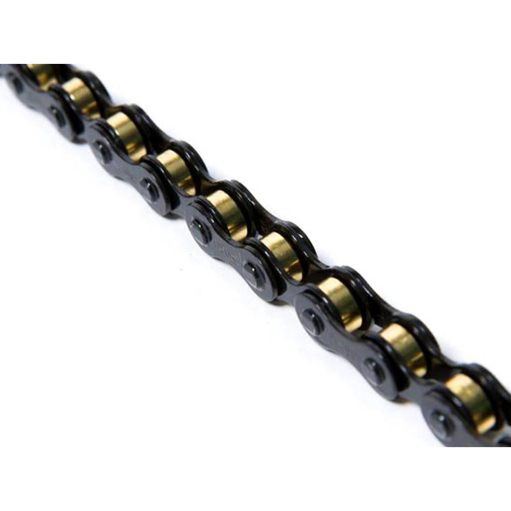 Close-up view of the Izumi Mash Chain featuring black plates and gold-colored rollers on a white background—ideal for fixed gear and track bikes.