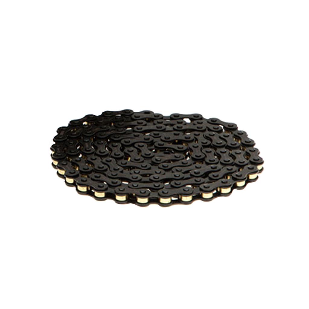 The Izumi Mash Chain features black outer plates and gold inner links, perfect for fixed gear bikes, shown coiled on a white background.