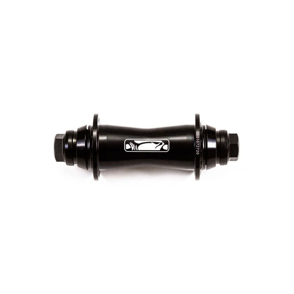 A side view of the Animal Javelin Front Hub in black, displaying a center logo, chromoly female axle, and detailed 7075 aluminium flanges, all set against a white background.