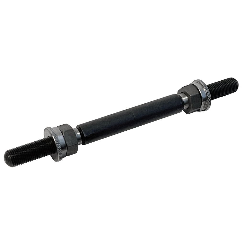 A metal rod with threaded ends, complete with nuts and washers on each side, resembling the robust design of the Joytech 2251 Front Axle Kit.