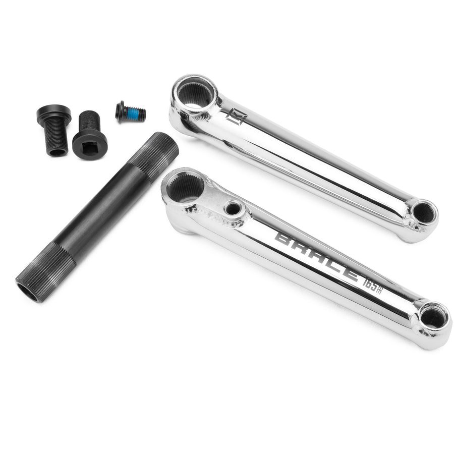 A set of chrome Kink Brace Cranks, a 22mm hollow spindle, and related hardware components including bolts and washers, displayed on a white background.