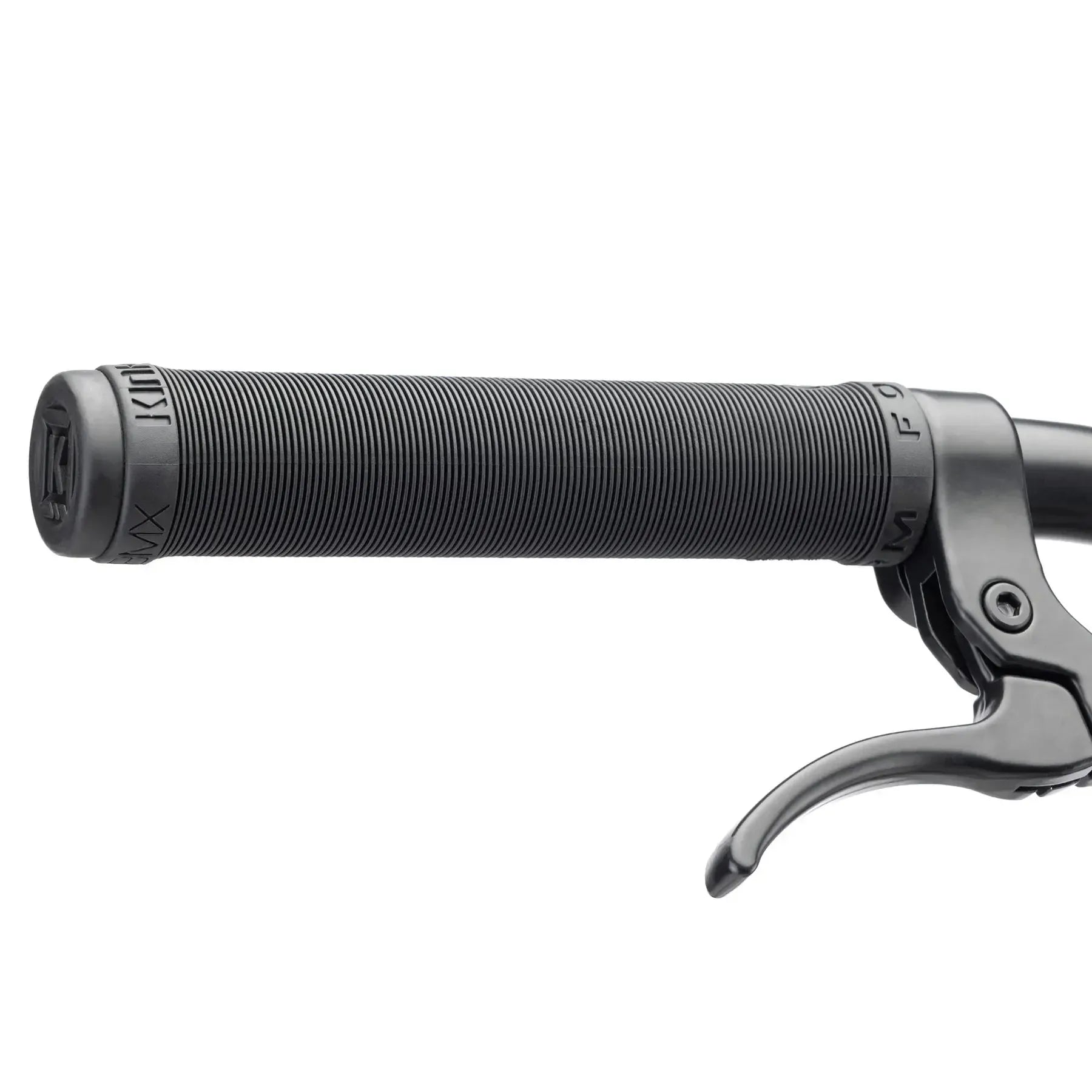 Close-up of a black bicycle handlebar grip and brake lever. The grip, as featured on the Kink Drifter 26 Inch Bike, has a textured surface, with the brake lever positioned underneath.