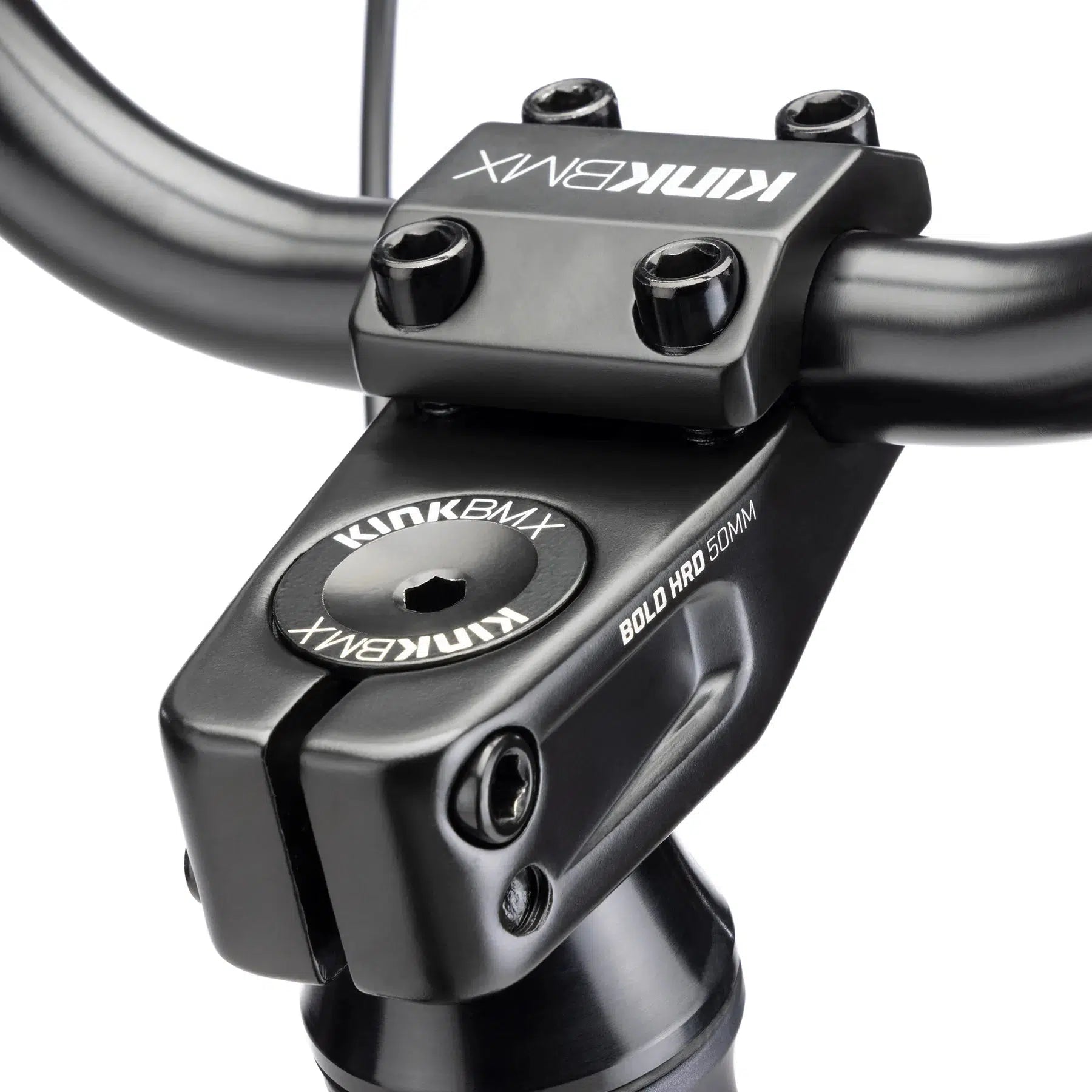 Close-up image of the Kink Drifter 26 Inch Bike's black BMX stem, featuring visible branding and bolt details, showcasing the precision often found in versatile bikes.