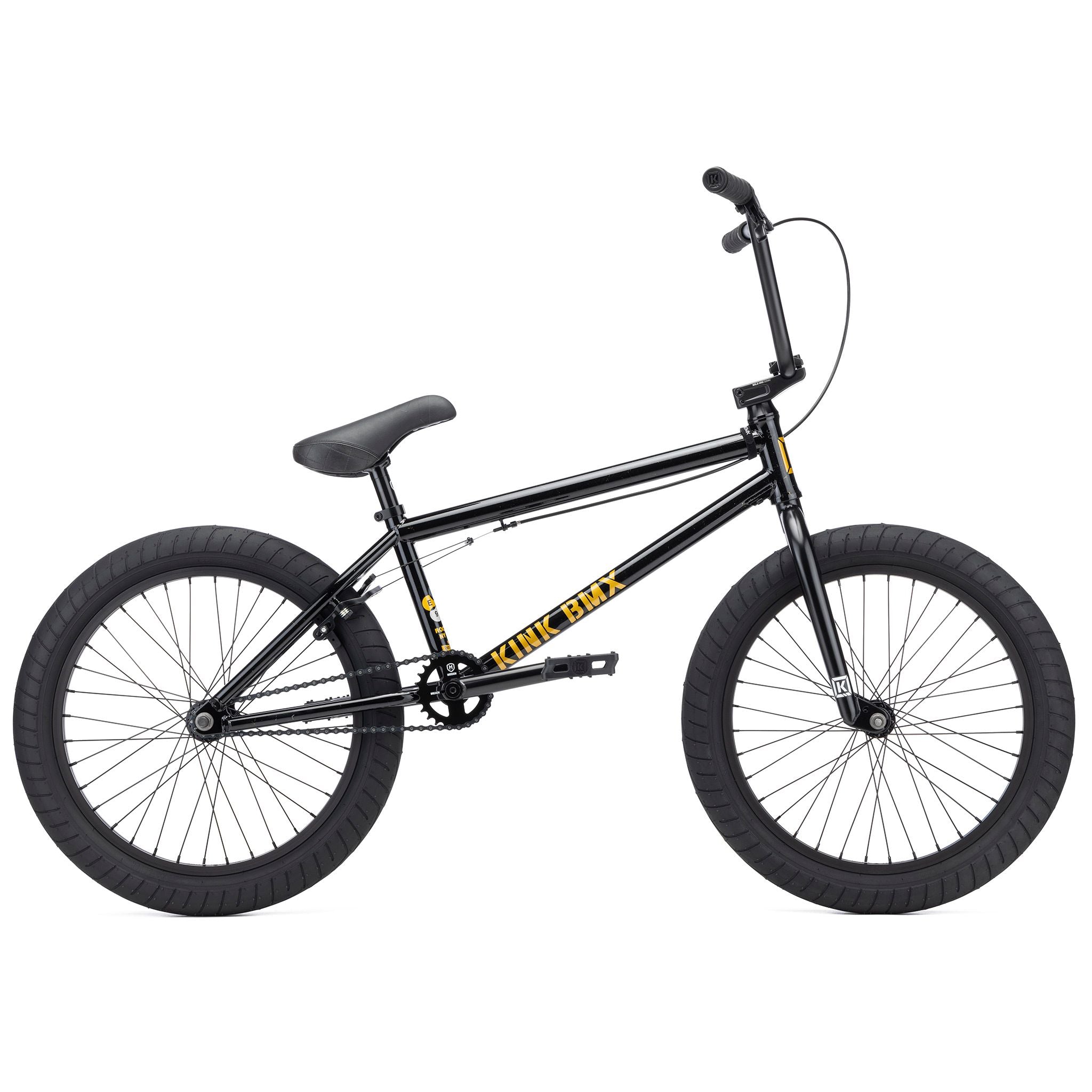 The Kink Gap 20 Inch Bike (2026) is a black BMX bike with a robust Chromoly frame, thick tires, and padded seat. It features sealed bearings for smooth rides and a straight handlebar, with the "Kink BMX" branding in yellow on the frame.