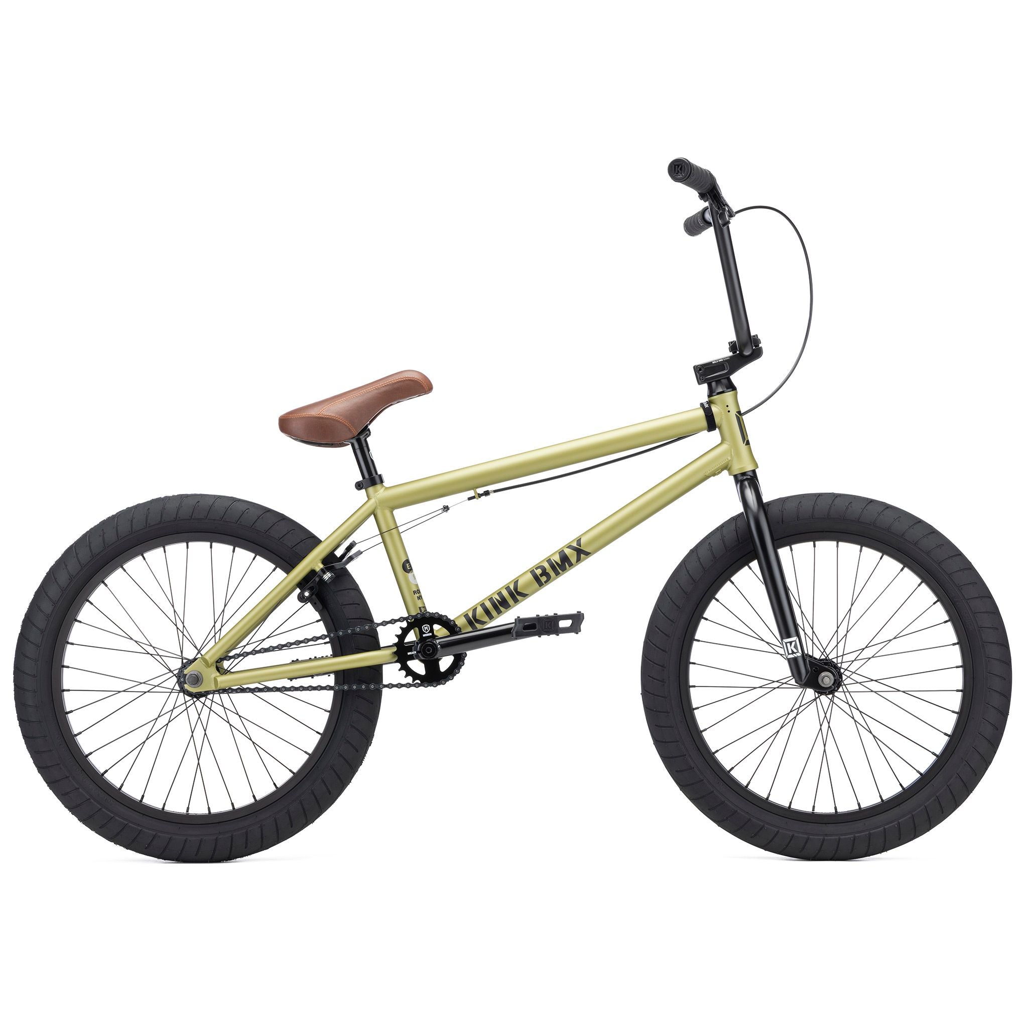 The Kink Gap 20 Inch Bike (2026) showcases a green chromoly frame with a brown seat, black handlebars, and tires, proudly displaying the "Kink" brand.