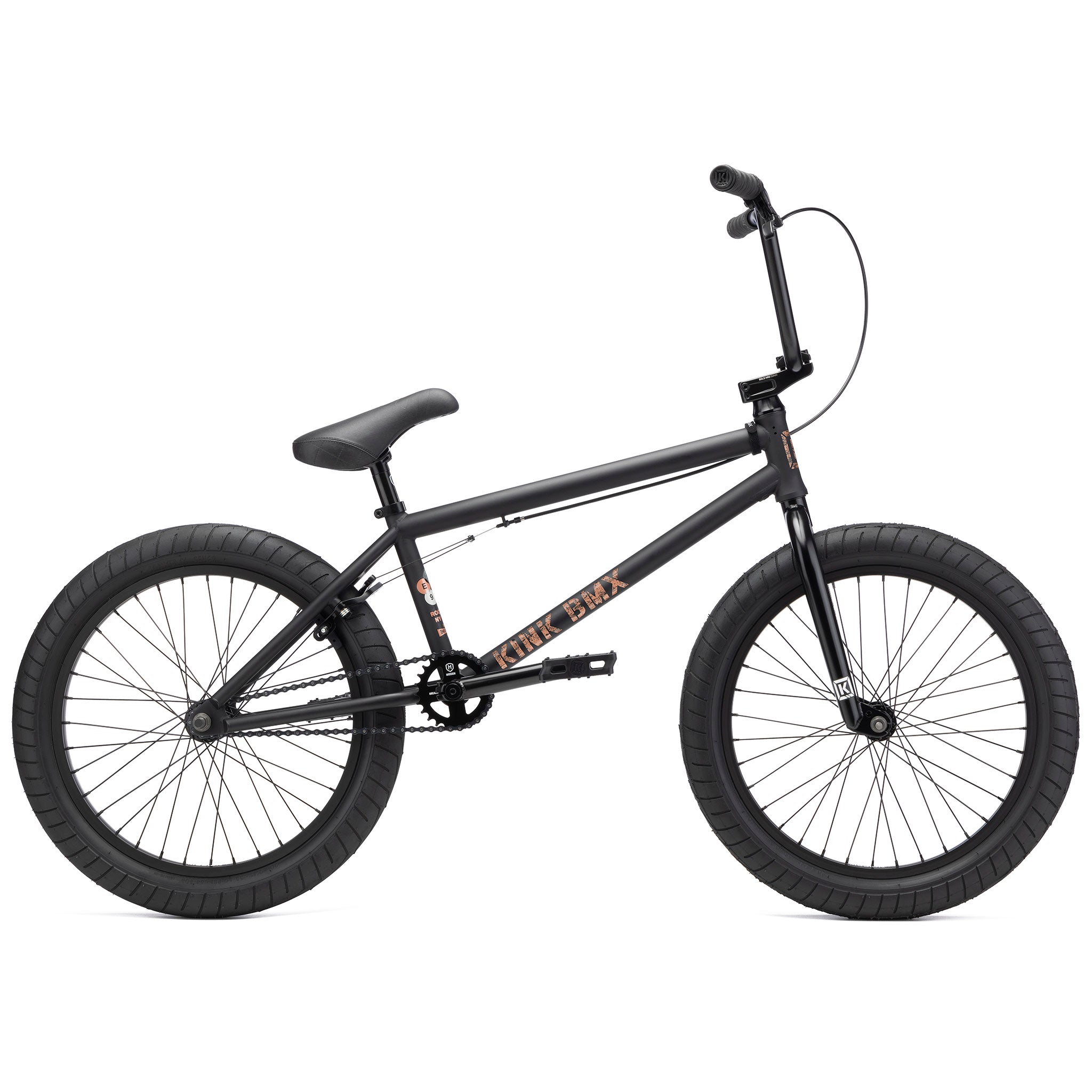 The Kink Gap 20 Inch Bike, featuring a black BMX design with thick tires, a semi-chromoly frame, and a black padded seat, side view.
