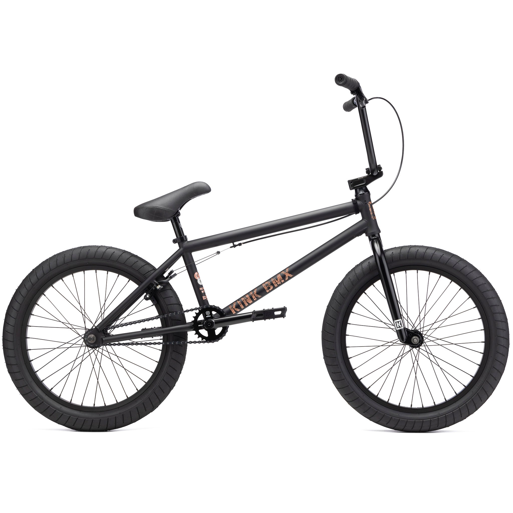 A sleek black BMX bike with thick tires, a padded seat, and a "Kink BMX" logo on the frame. Featuring a durable Chromoly frame, hand brakes, and a single gear setup, the Kink Gap XL 20 Inch Bike also boasts a 21” top tube for enhanced control and stability.