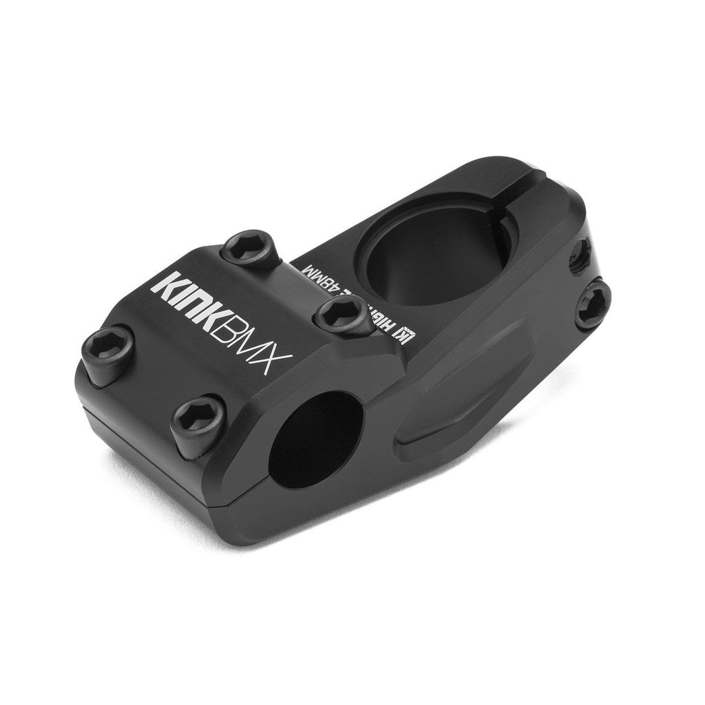 The Kink High Rise Top Load Stem, in sleek black and made from durable CNC machined 6061-T6 aluminum, features the "Kink BMX" logo and ensures secure attachment with six bolt holes.