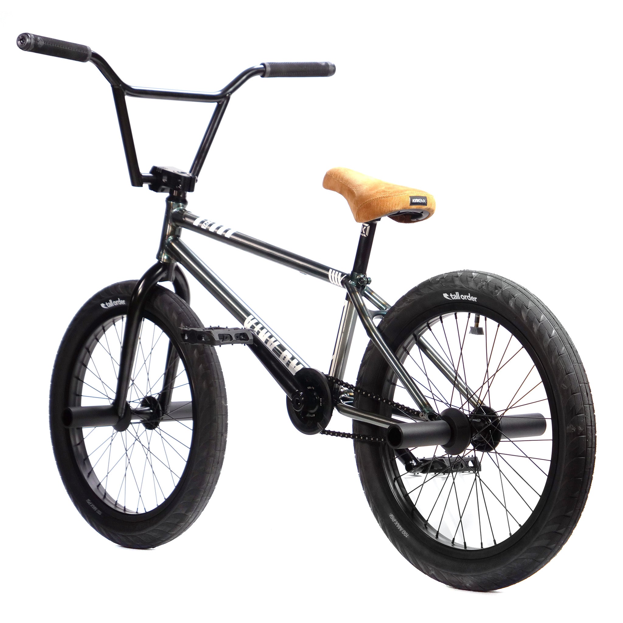 A black Kink Tactic Custom 20 Inch Bike with a tan seat, wide tires, and stunt pegs on both front and rear wheels, is shown against a white background. This budget-friendly custom build offers style and performance without breaking the bank.
