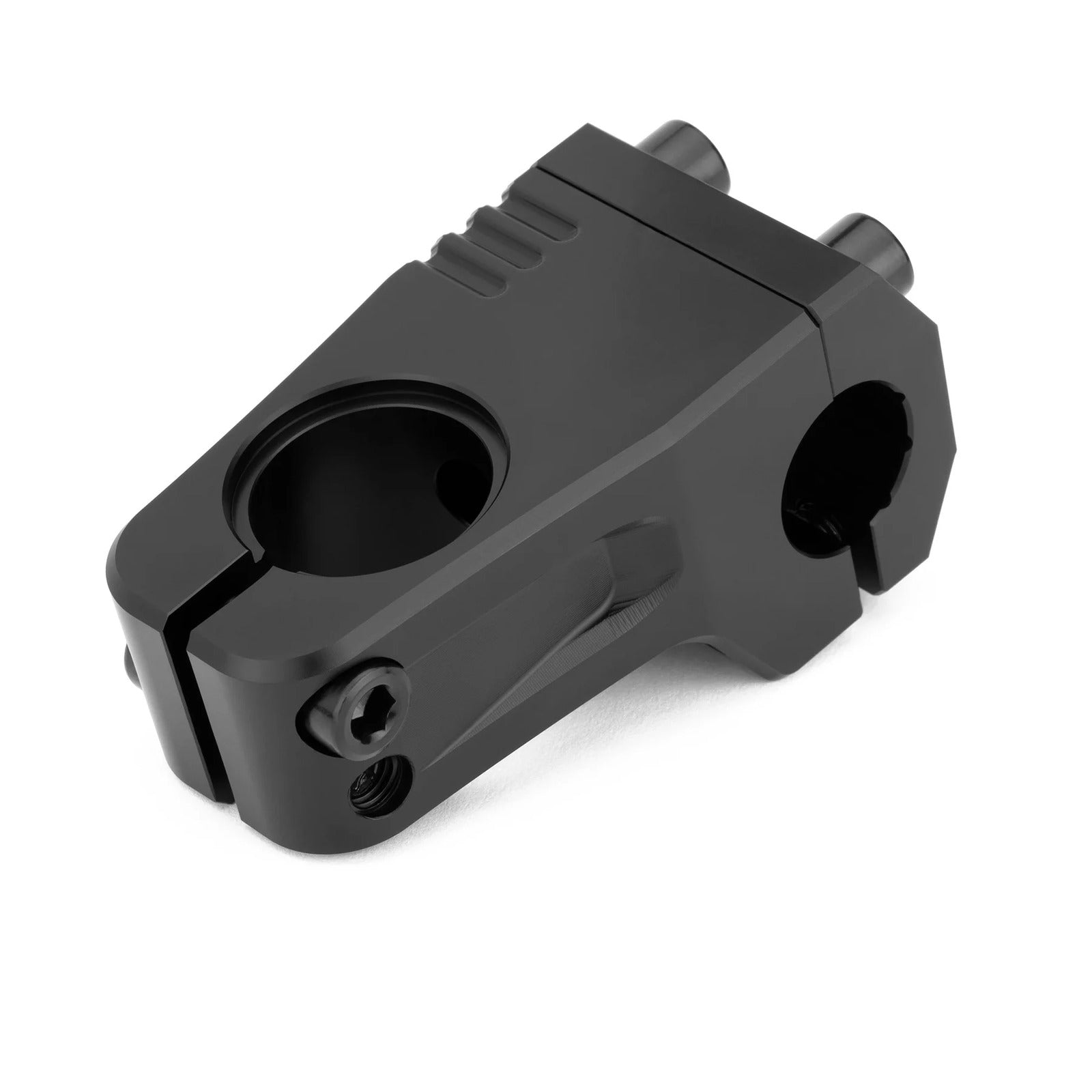 The Kink Track Front Load Stem, made from CNC machined 6061-T6 Aluminum in black, features two bolt holes and a clamp for securely attaching handlebars to the fork steerer tube.