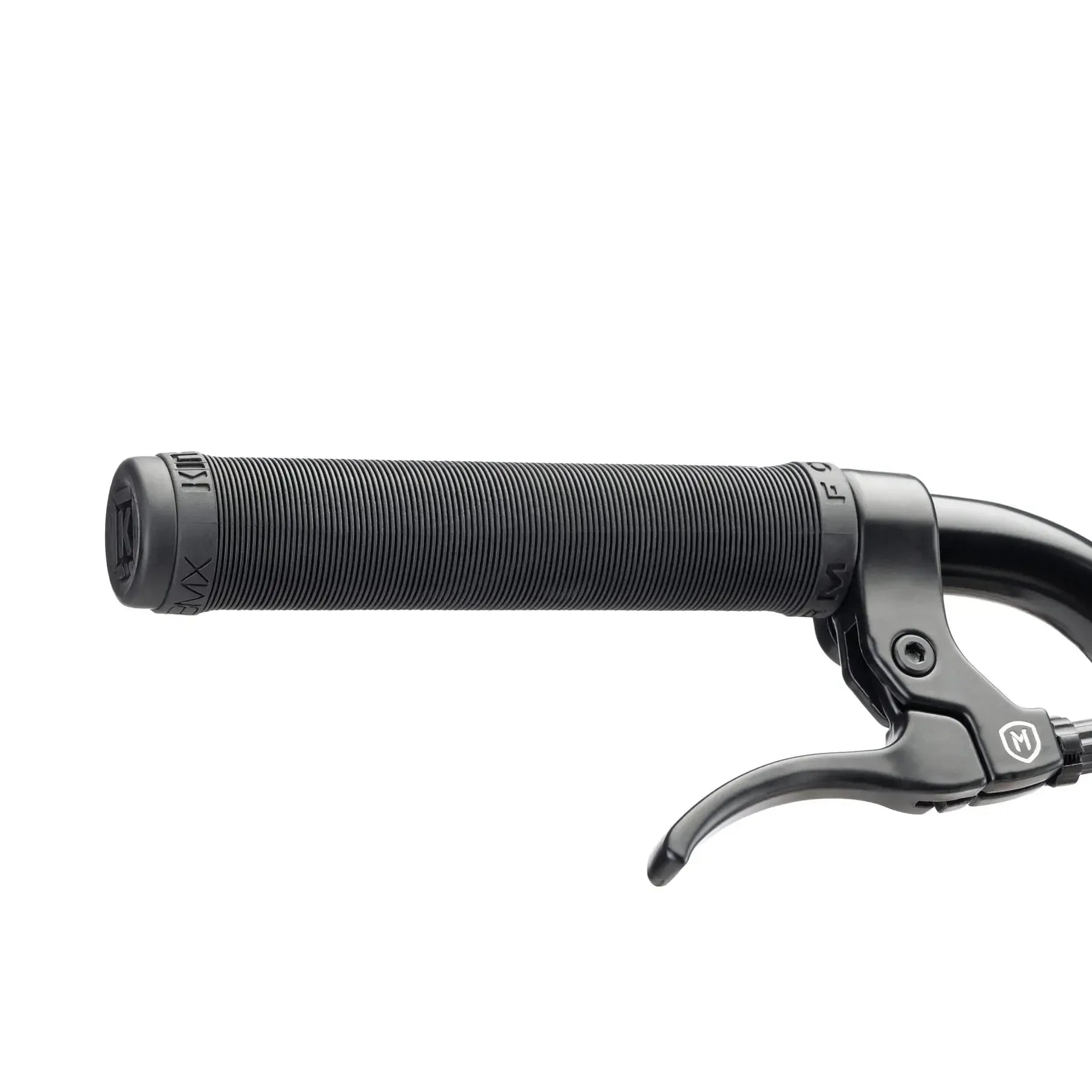 Close-up of a black bicycle handlebar grip and brake lever against a white background, showcasing the Kink Whip 20 Inch Bike's distinctive BMX style.
