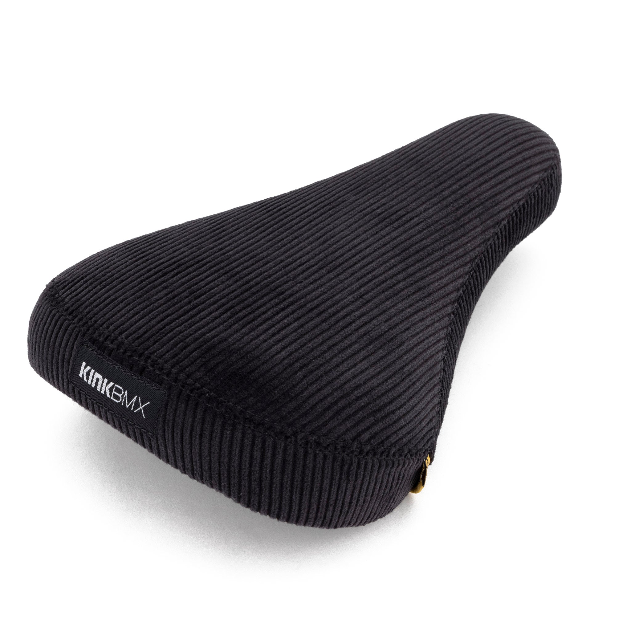 Black corduroy-textured Kink Williams Stealth Pivotal Seat with the "KINK BMX" logo on the side, featuring a sleek Stealth Pivotal design, placed on a white background.