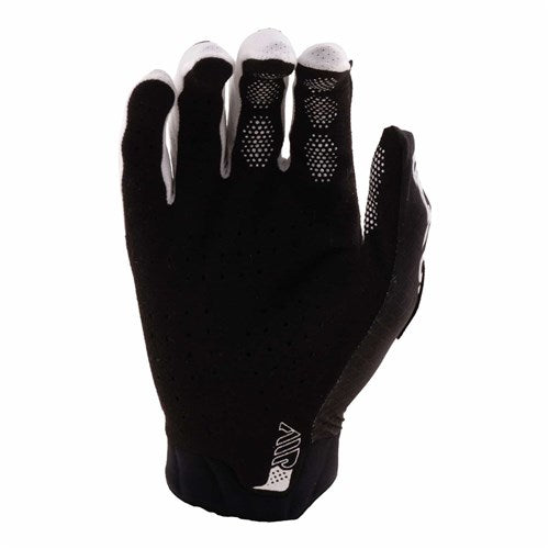 The TLD Air Glove / Sever Black/White is shown full-fingered with the palm facing away, featuring breathable perforations and a small wrist logo—ideal for mountain bike glove enthusiasts.