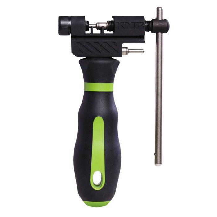 The KMC Professional Chain Breaker, in black and green, is equipped with a reversible de-riveting pin and is expertly designed with a sturdy handle and metal lever for efficient chain maintenance.