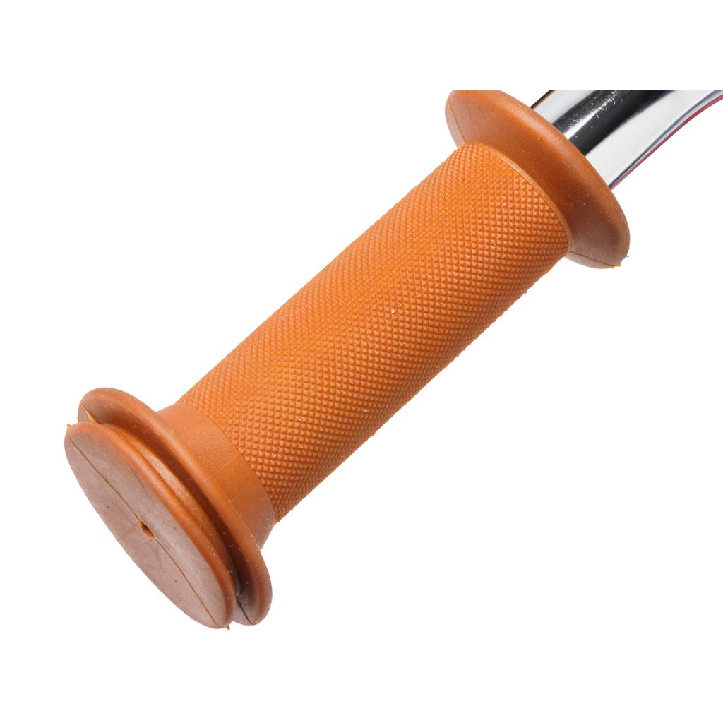 Close-up of the orange textured rubber handle grip on a Fit Misfit 12 Inch Balance Bike’s metal bar, set against a white background.